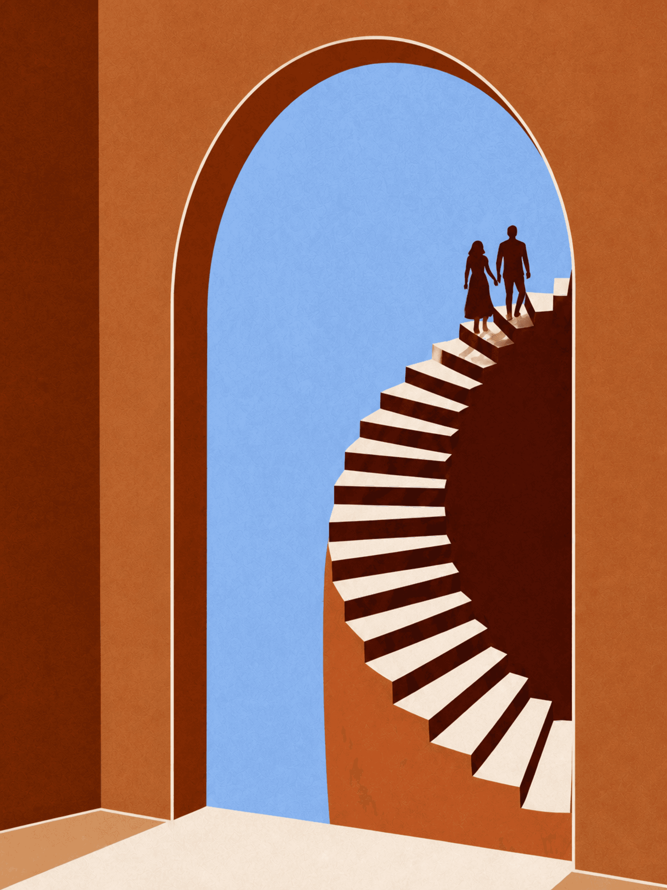 Editorial illustration of an arched home-planning path and staircase